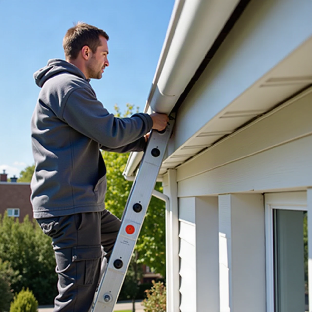 Photograph of a gutter protection technician in a grey jacket on a ladder fitting a fine stainless steel mesh gutter guard onto a white gutter, candid action sh