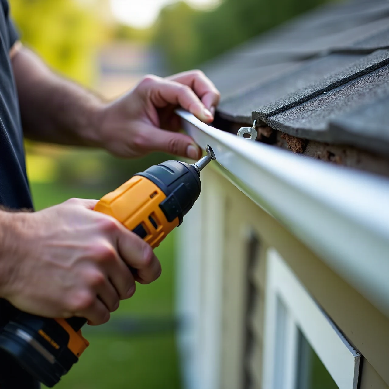Close-up photograph of a gutter installer's hands re-fastening a sagging white aluminum gutter with a hanger and drill on a suburban house eave, natural dayligh