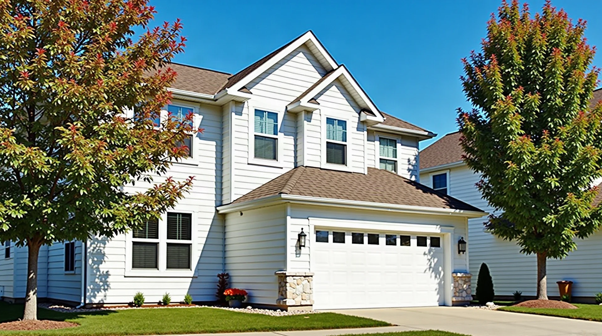 Wide architectural photograph of a bright two-storey suburban home with white seamless gutters and gutter guards along the roofline, tall green trees and autumn