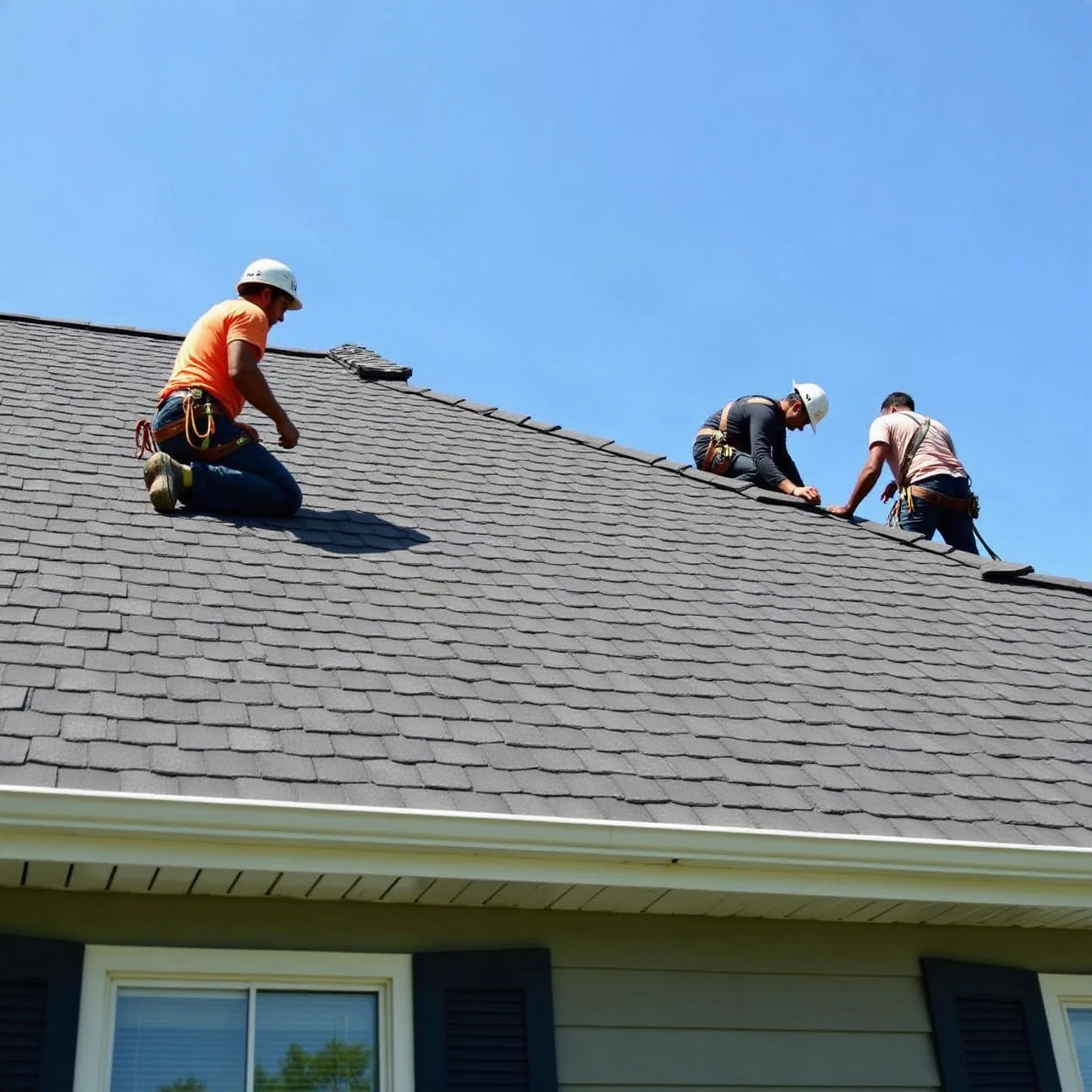 Photograph of roofers installing new grey architectural asphalt shingles on a pitched residential roof under a clear blue sky, wide shot, crew wearing safety ha